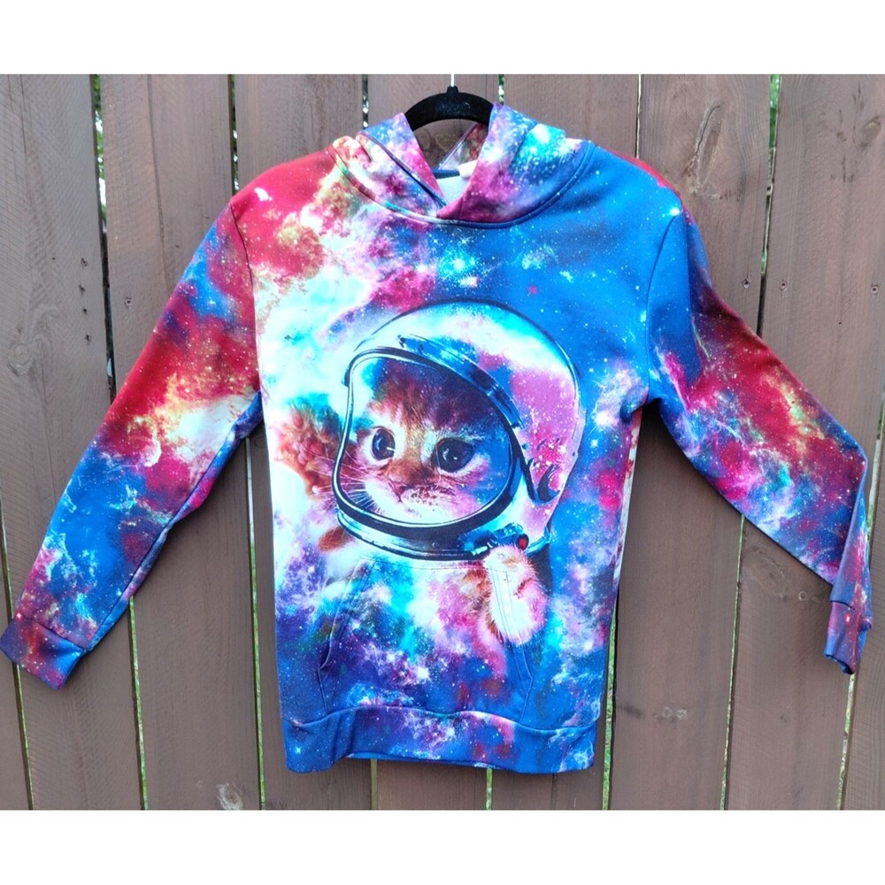 Space Astronaut Cat Funny Hoodie Kids Plus Size 3XL Multicolor Kangaroo Pocket